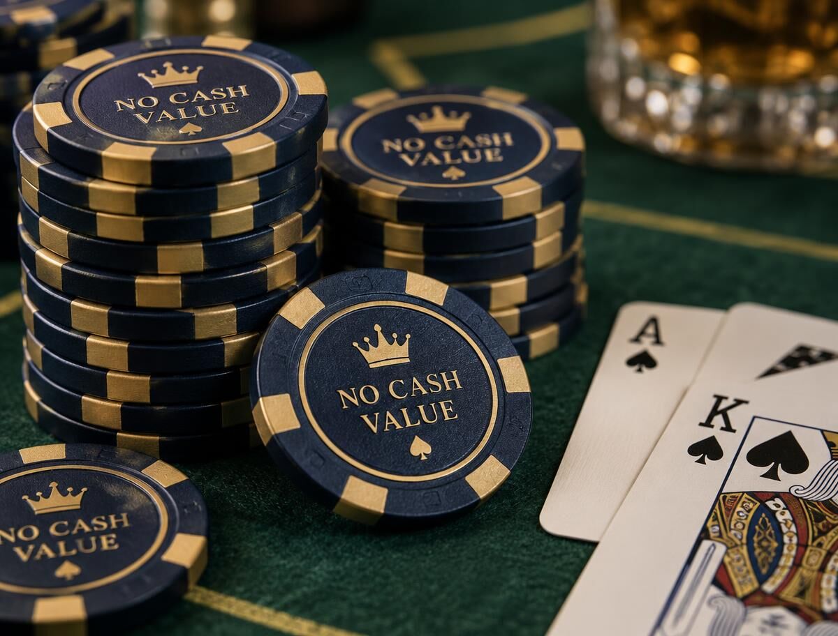 Stacks of navy and gold play chips printed with No cash value