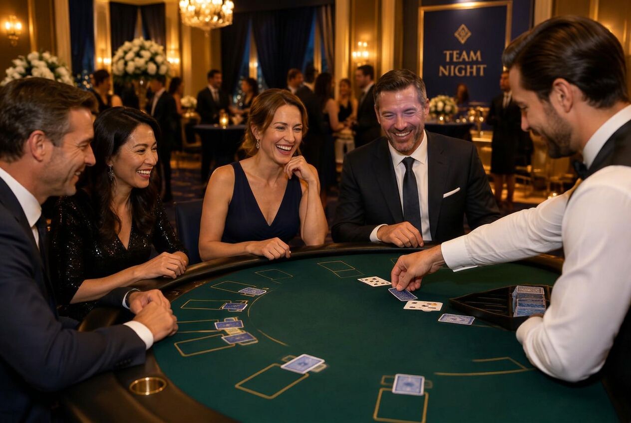 Colleagues in evening wear laughing around a card table as a dealer deals
