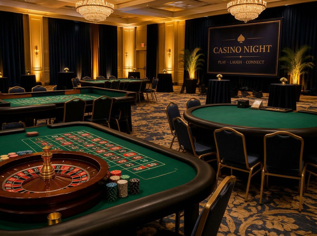 Casino tables set in a ballroom with gold lighting